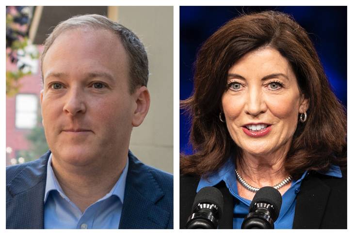 Split screen image showing Republican gubernatorial challenger Lee Zeldin (left) and Gov. Kathy Hochul (right) who will square off in their only televised debate Tuesday night.